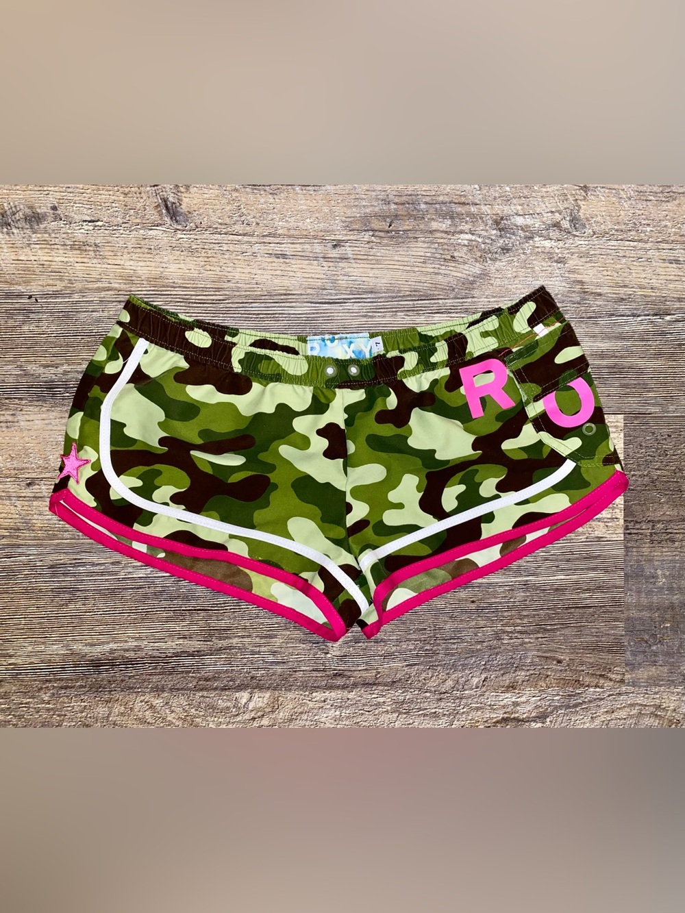 Roxy Green Camo Bike Shorts with Pink Trim